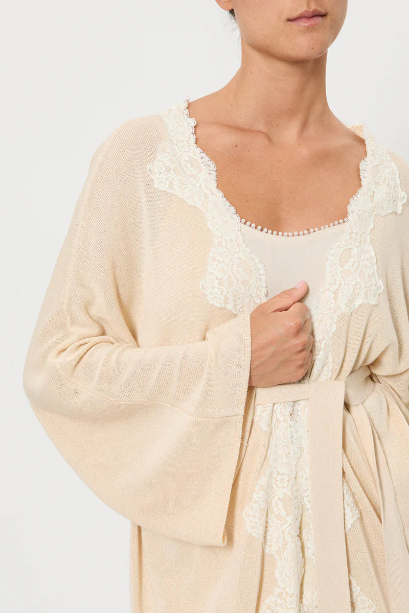 Pink Memories Cardigan kimon con cintura e pizzo a contrasto mod. 12064, avorio PE26 Pink Memories