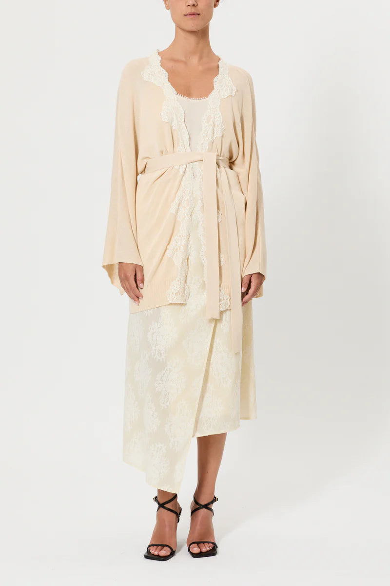 Pink Memories Cardigan kimon con cintura e pizzo a contrasto mod. 12064, avorio PE26 Pink Memories