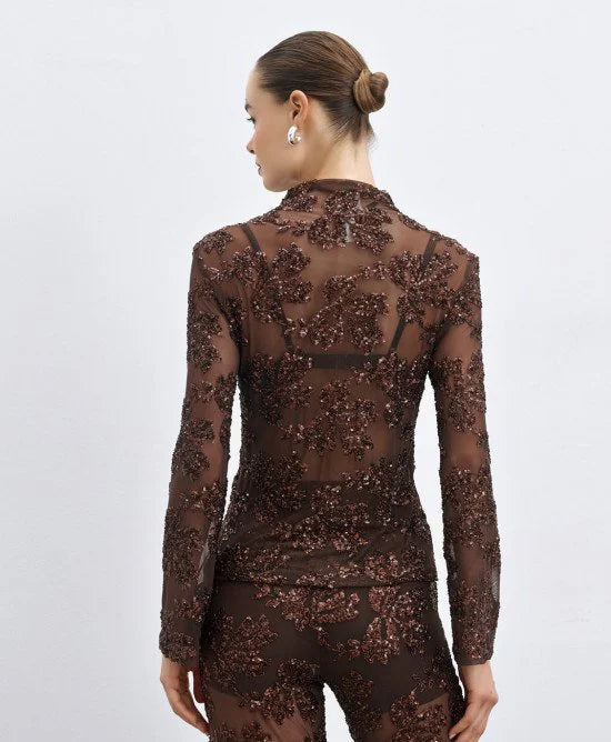 Access Fashion Blusa semitrasparente con paillettes mod 2018, coffee AI26 Access Fashion