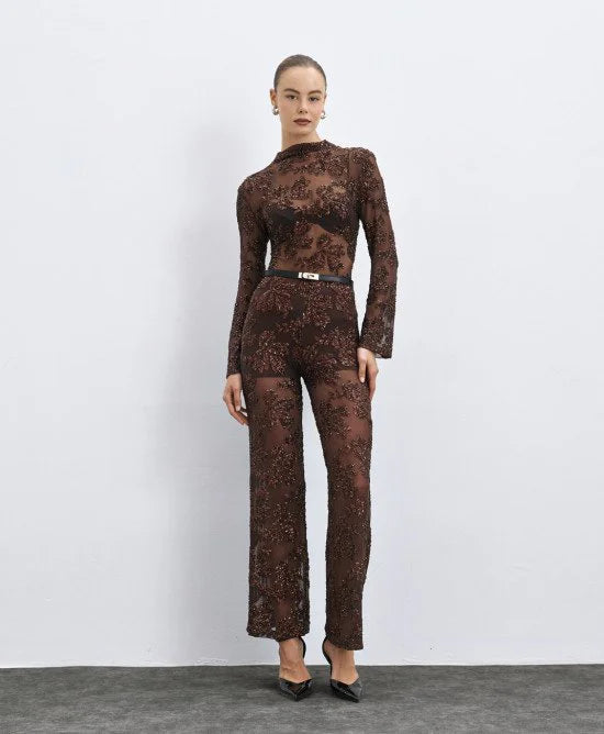 Access Fashion Blusa semitrasparente con paillettes mod 2018, coffee AI26 Access Fashion
