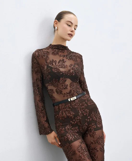 Access Fashion Blusa semitrasparente con paillettes mod 2018, coffee AI26 Access Fashion