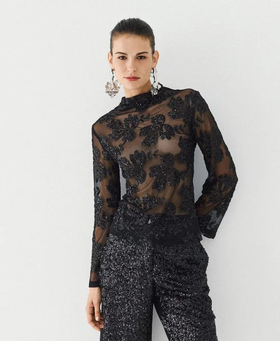 Access Fashion Blusa semitrasparente con paillettes mod 2018, nero AI26 Access Fashion