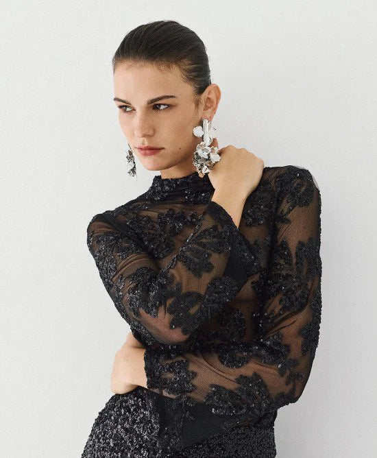 Access Fashion Blusa semitrasparente con paillettes mod 2018, nero AI26 Access Fashion