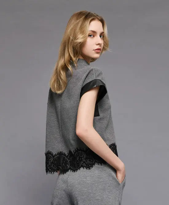 Access Fashion Top con dettagli effetto similpelle e pizzo mod. 2069  AI25 Access Fashion