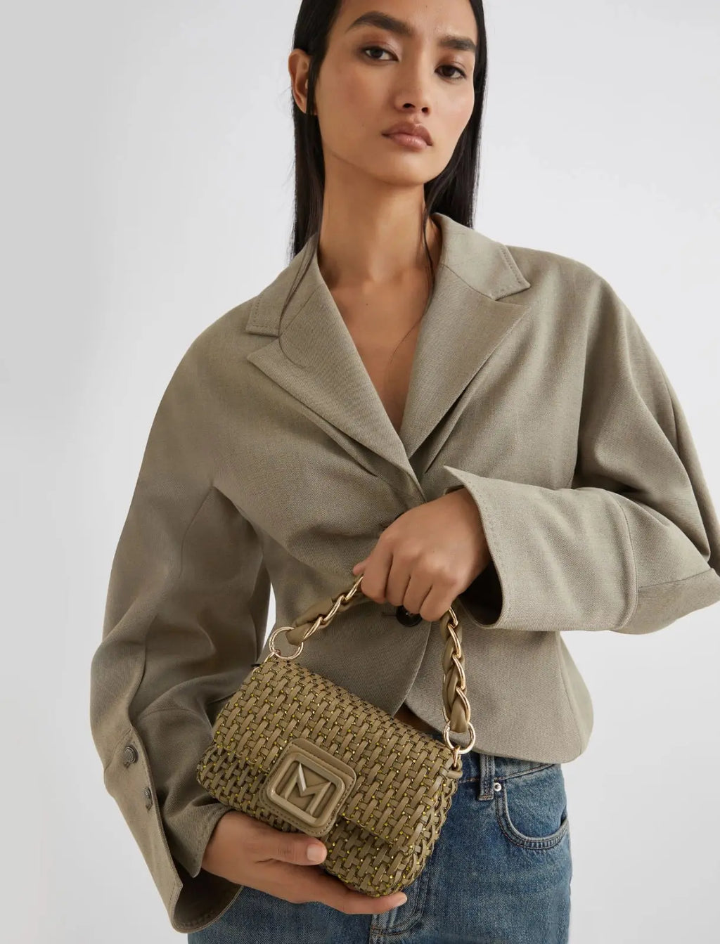 Marella Borsa small con intreccio e strass verde kaki Lontra1 AI25 Marella
