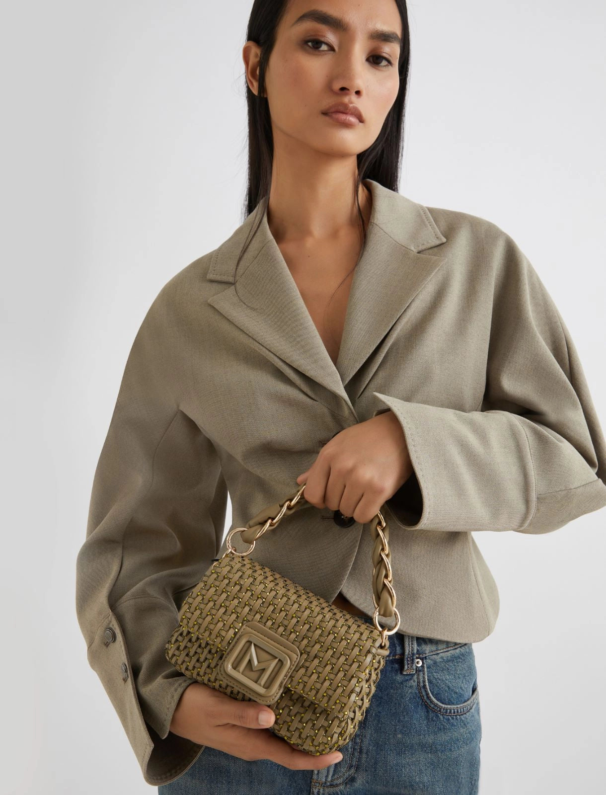 Marella Borsa small con intreccio e strass verde kaki Lontra1 AI25