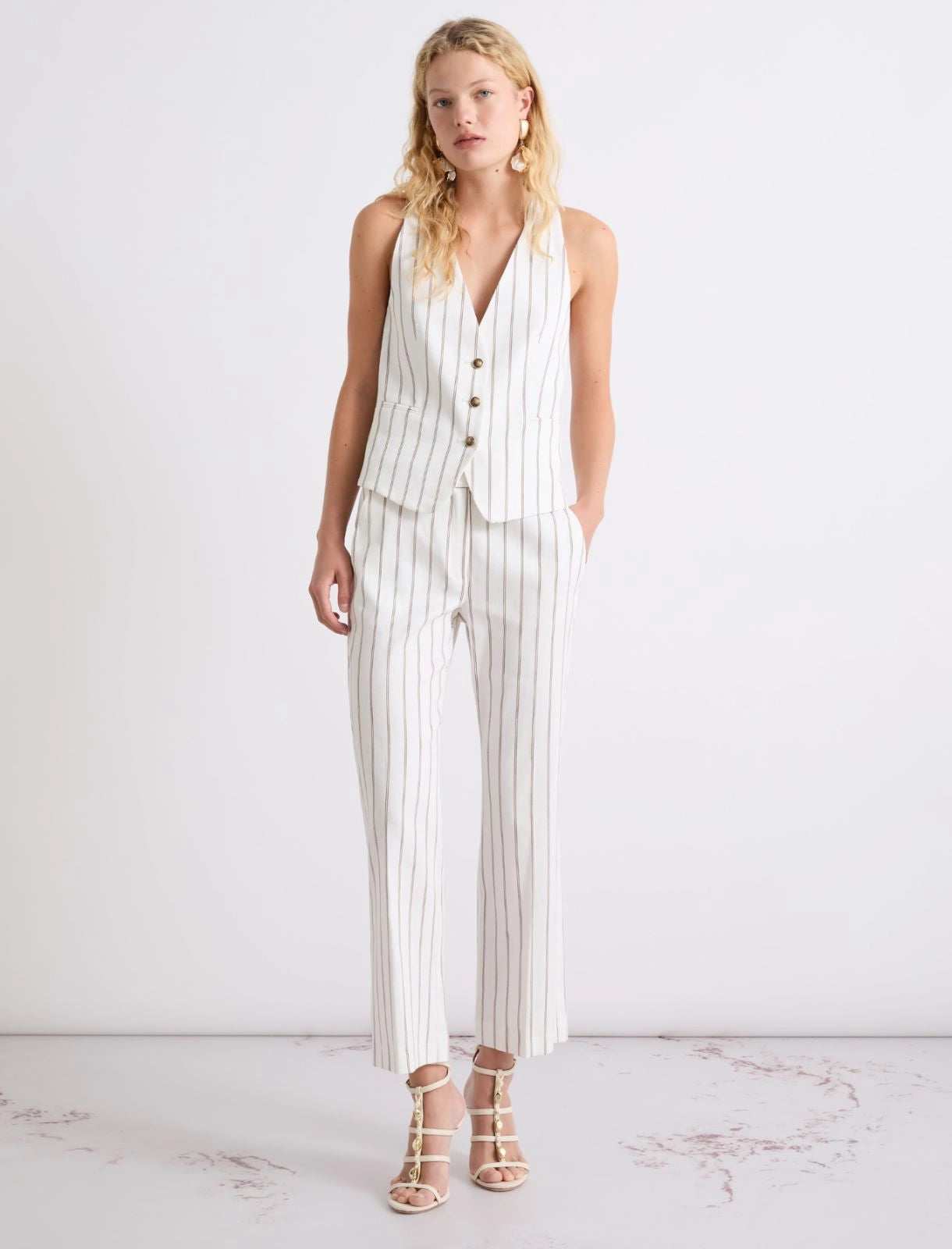 Marella Pantalone flare in lino e cotone fantasia gessata MLLFebo  PE26 Marella