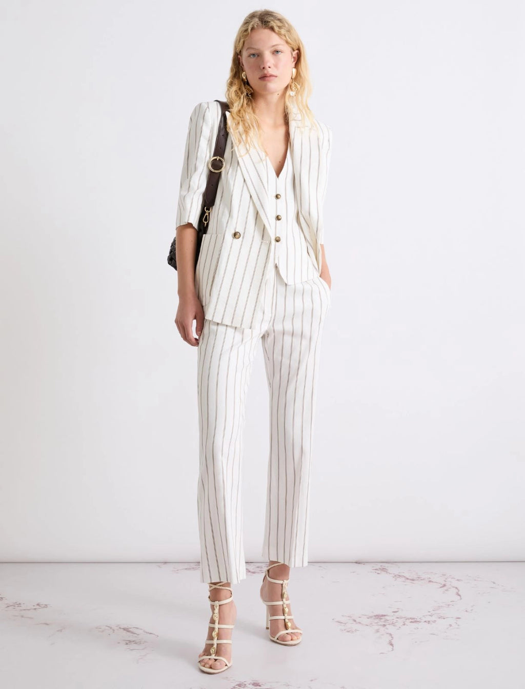 Marella Pantalone flare in lino e cotone fantasia gessata MLLFebo  PE26 Marella