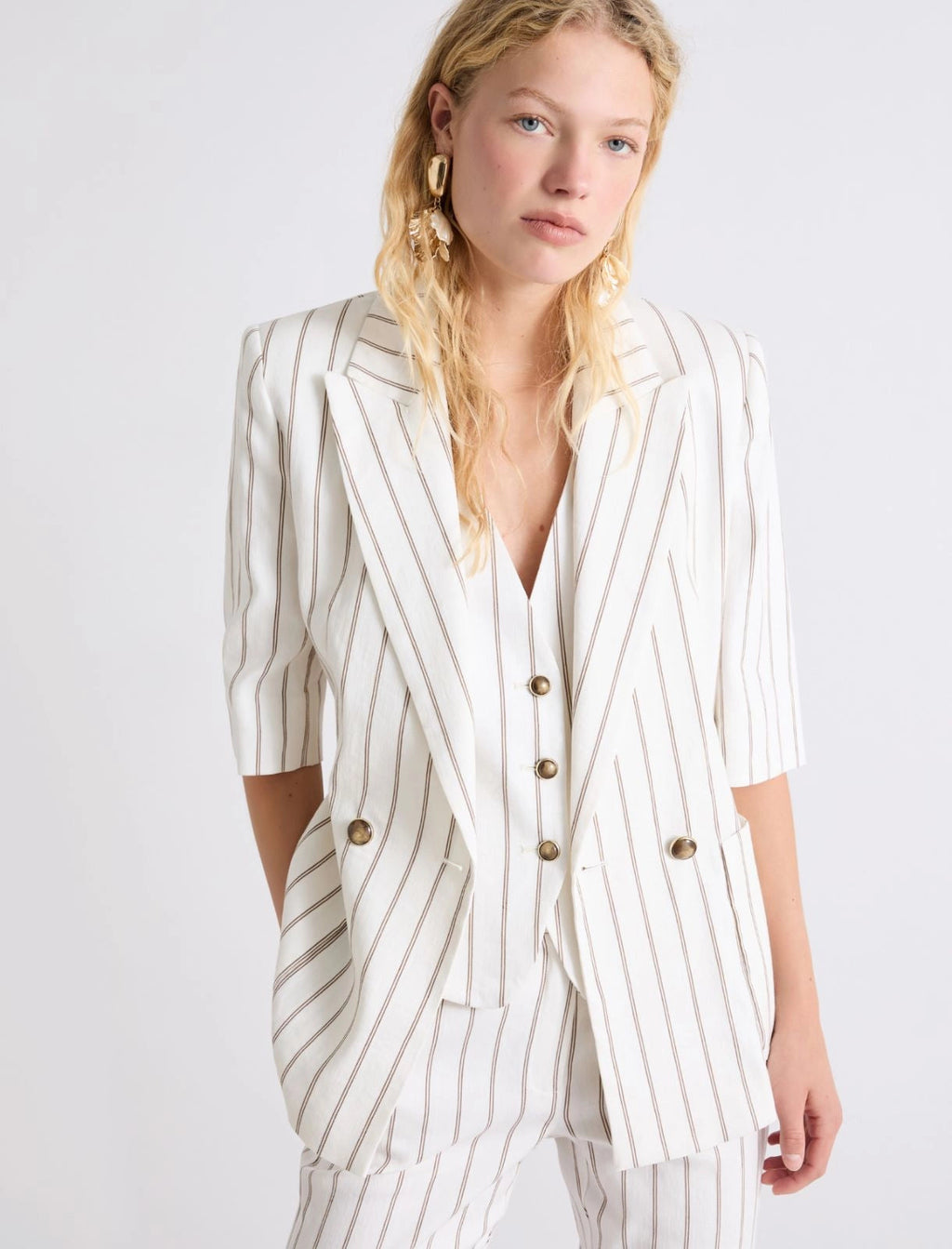 Marella Blazer dritto in lino mezza manica fantasia gessato MLLGondola  PE26 Marella